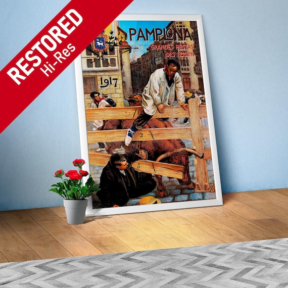 Spain poster, Pamplona, San-Fermin/Sanfermines, 1917 — corrida retro travel poster, vintage travel print, toreador print, torero wall decor
