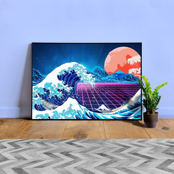 Synthwave Space: The Great Wave off Kanagawa [synthwave/vaporwave/cyberpunk] — aesthetic poster, retrowave poster, neon poster