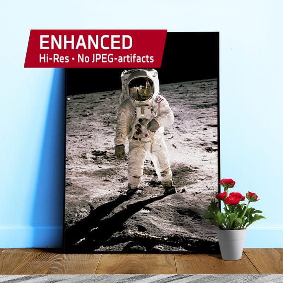 Apollo 11: Edwin Buzz Aldrin walking on the lunar surface (Moonwalk), 1969, NASA — Space poster. Iconic Moon photo, Science art print