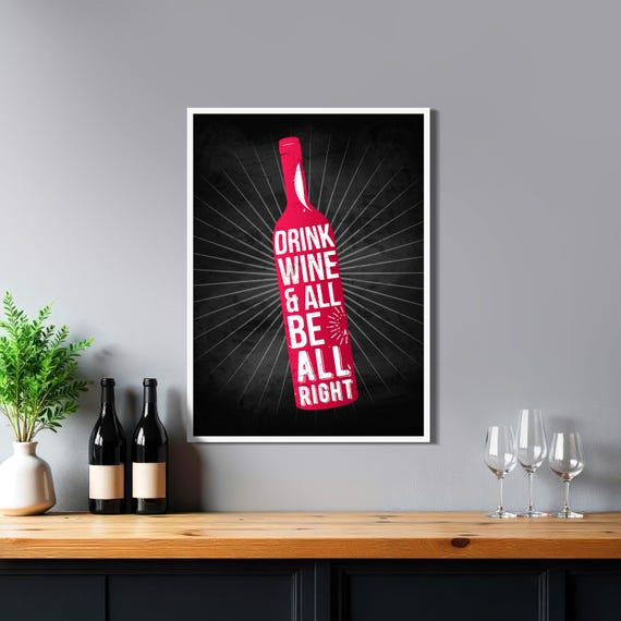 Wine Lettering Print — Wine Lover Poster, Chalkboard Kitchen Print, Home Bar Artwork, Grape Vine Wall Art, Rustic Dining Room Gift
