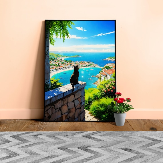 Mediterranean Cat Poster β Black Cat Wall Art, Italy Coast Print / Seaside Village Painting, Cat Lover Home Decor, Coastal Wall Art