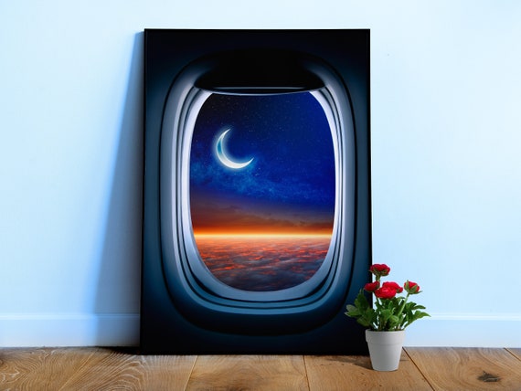 Airplane porthole/window and Moon — Photo paper glossy poster, space poster, Moon poster