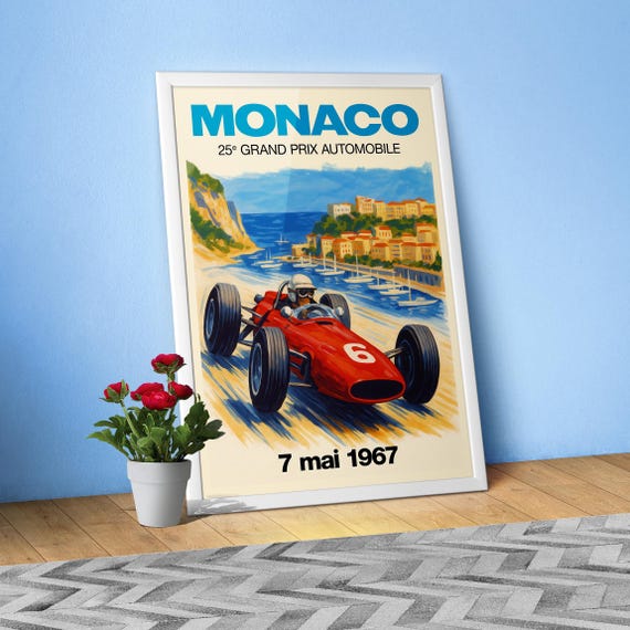 Monaco Vintage F1 Grand Prix 1967 Art Poster — Auto Racing Wall Art, Formula 1 Print, Retro Motorsport Decor, Gift for Him, retro travel art