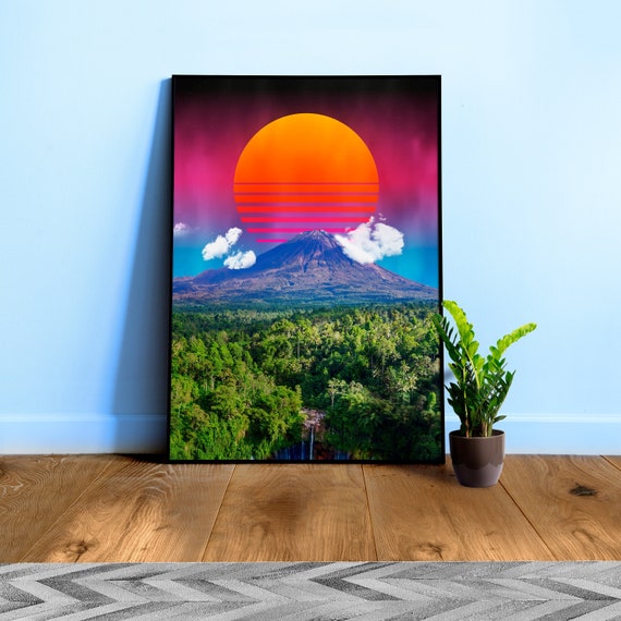Synthwave sunset & mountain — space vintage retro collage art, 50s cosmic futuristic sci-fi collage, surreal collage art