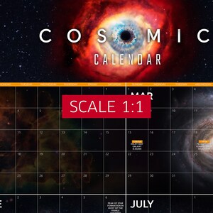 Cosmic Calendar (flat astronomy style), Universe evolution chart — space poster. Details, scale 1:1