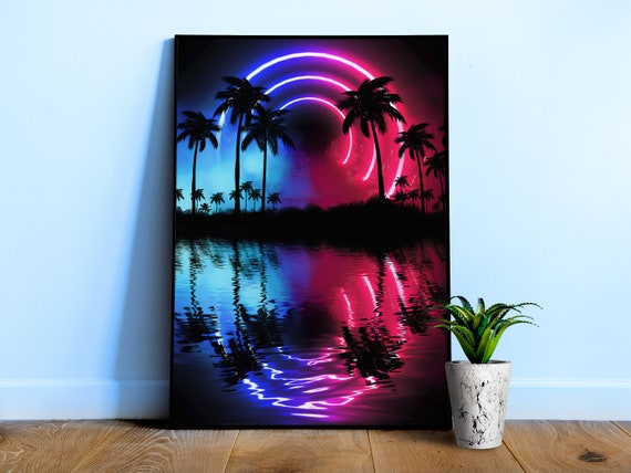 Neon landscape with Palms & Arc cyberpunk aesthetic poster — Retrowave 1980s art print, vaporwave wall decor, neon art poster