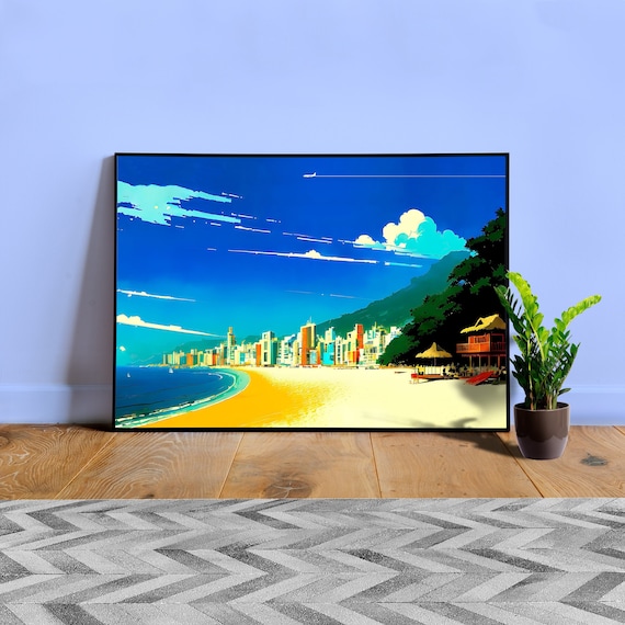 Japan, Okinawa, city on the bay — City Pop art, anime landscape poster, retrowave/vaporwave poster, 80s, panoramic poster