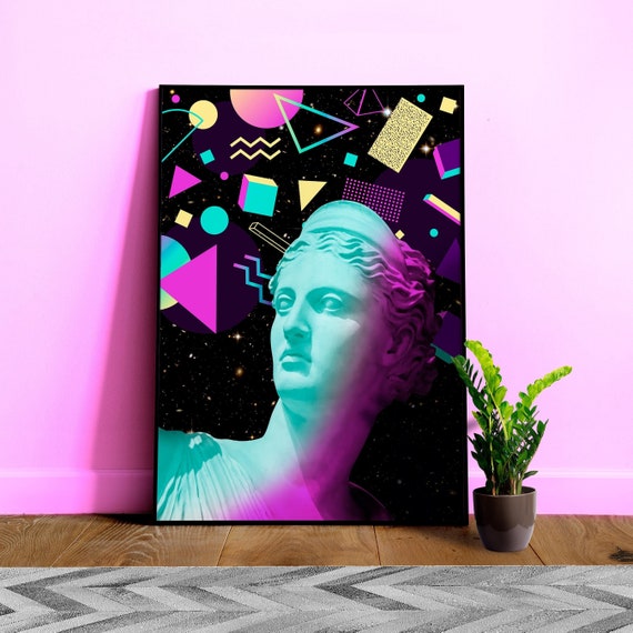 Retro Vaporwave Art Print: Neon Greek Statue – Neon Aesthetic 80s Art, Cyberpunk Wall Decor, Abstract Geometric Space Poster, video game art