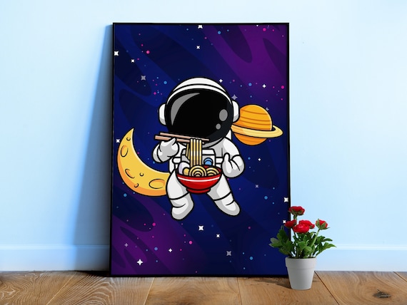 Astronaut & Noodle, Space sushi — space poster, space art, neon space, synthwave space