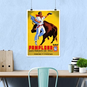 Spain, Pamplona, San-Fermin, 1953 [RESTORED] — Retro corrida travel poster, vintage travel art, retro travel wall art