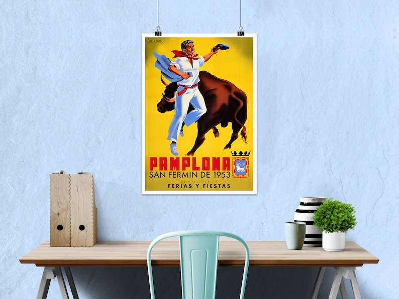 Spain, Pamplona, San-Fermin, 1953 [RESTORED] — Retro corrida travel poster, vintage travel art, retro travel wall art