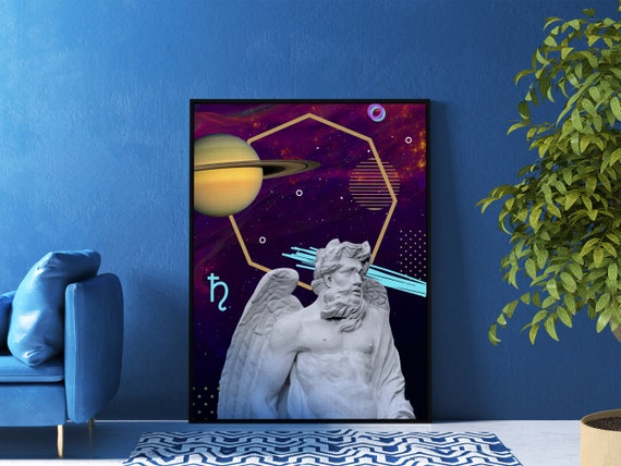 Saturn: God and Planet Poster – Synthwave mythology wall art, vaporwave decor, cosmic neon print, space aesthetic poster, 80s retro art
