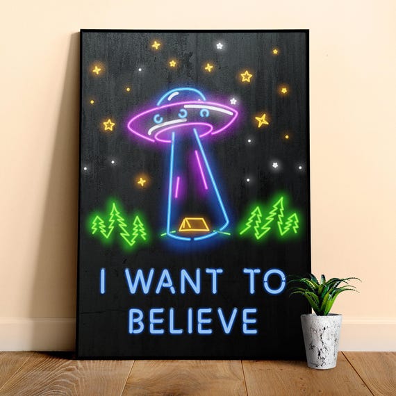 I want to believe / X-Files poster. Neon version — sci-fi poster, movie poster, synthwave poster, space poster, alien poster, ufo poster