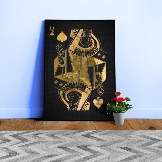 Queen of Pikes poker poster — Golden playing cards print, aesthetic wall art, gamer room decor, lucky you print, bar decor