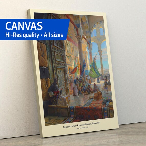 Forecourt of the Umayyad Mosque – Damascus 1890, Gustav Bauernfeind (Canvas) - Muslim Prayer Scene, Orientalist Poster, Islamic City Art