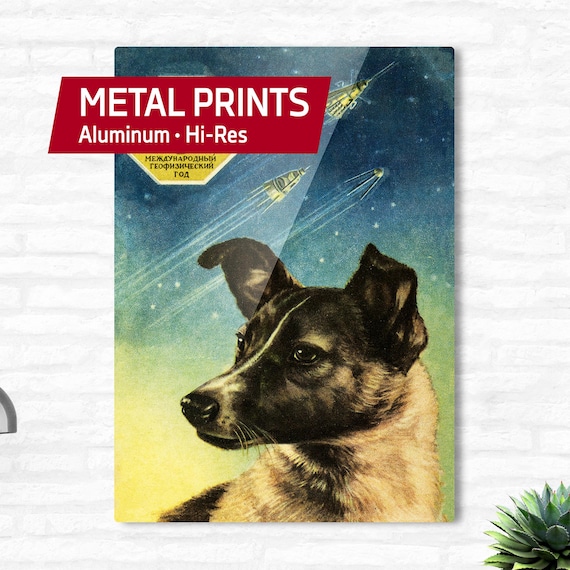 Laika, first space dog, USSR — Metal print. Soviet retro space art, Metal wall decor, propaganda 1950s poster, nerdy gift for him