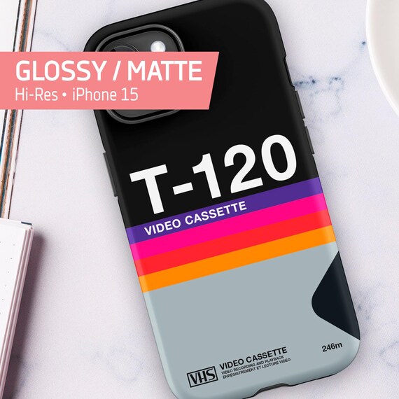 VHS cassette case · T-120 [retrowave/vaporwave] — Tough Case for iPhone 15 (iPhone 15 case. Glossy/Matte). 80s iPhone case. Retro phone case
