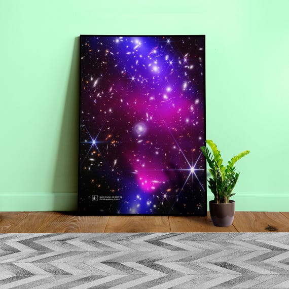 Bullet Cluster, 1E 0657-56 / Colliding galaxy clusters (James Webb/JWST) β space poster, science print, space art, jwst wall decor, NASA art