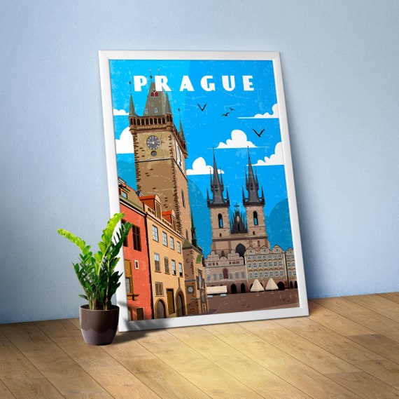 Prague, Czech — Retro travel minimalist poster, retro travel art, retro travel wall art, vector art