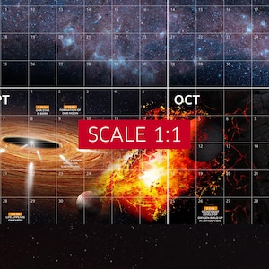 Cosmic Calendar (flat astronomy style), Universe evolution chart — space poster. Details, scale 1:1