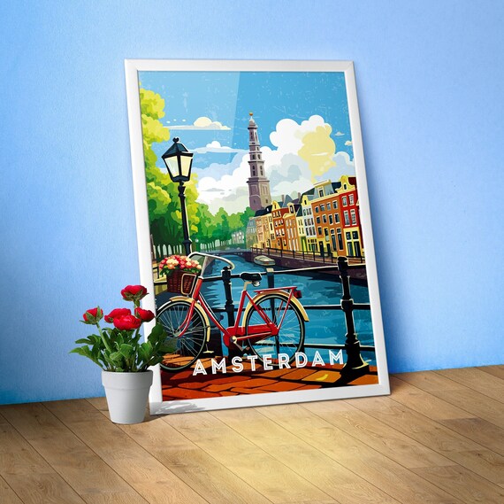 Amsterdam, Netherlands/Holland — Retro travel minimalist poster, retro travel art, retro travel wall art, vector art