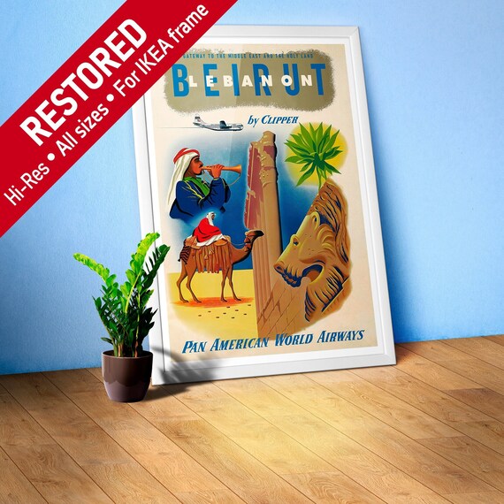 Pan American: Beirut - Lebanon by Clipper, 1950s — retro vintage travel poster, retro travel art, retro travel wall art