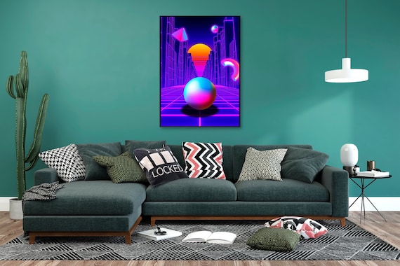 Neon sunset, trench, sphere [synthwave/vaporwave/cyberpunk] — anime poster, aesthetic poster, space art print, video game poster, neon light