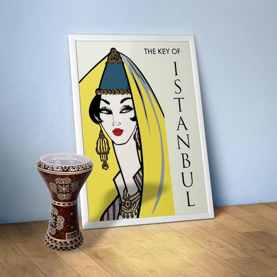 Istanbul, Turkey, 1960s — Retro travel poster. Vintage travel art print with Turkish woman portrait, retro travel wall decor 1950s
