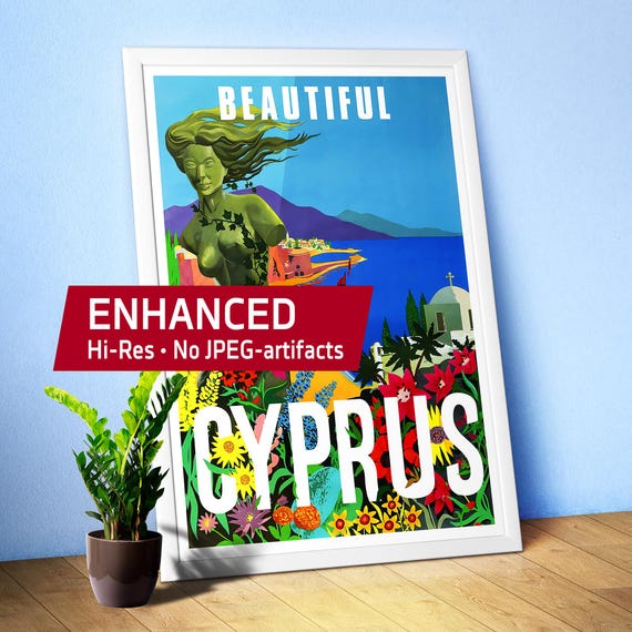 Beautiful Cyprus, Nicosia, 1960s — Retro travel poster, vintage travel art, wall decor with the Mediterranean Sea