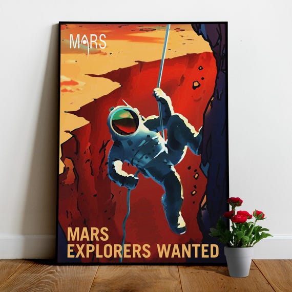 Mars retro poster: Mars explorers wanted — 1950s vintage space poster, Science art print, vintage space art, retro sci-fi, retrofuturism