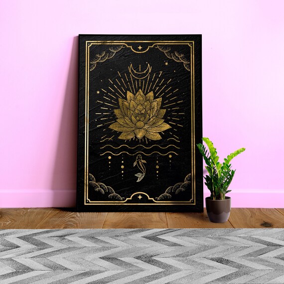 Gold Mystical Tarot: Lotus flower — tarot card, art deco poster, esoteric poster, spiritual art print, retro poster