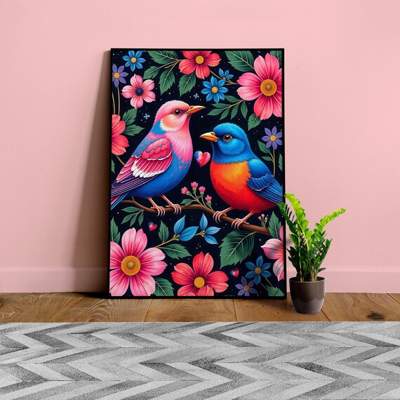 St. Valentines Day colorful poster: Tropical Birds and Flowers Wall Art — Vivid art with Exotic Birds ◾ Vibrant Nature Print for Home Decor