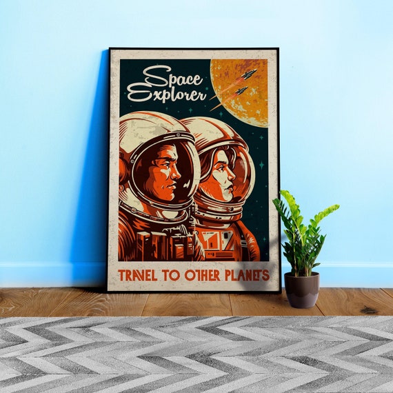 Space Explorer. Travel to other planets — Vintage space poster, retro space art, propaganda poster, retrofuturism