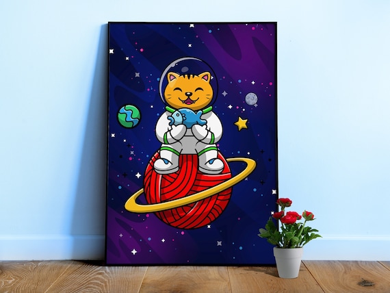 Cat Astronaut, space cat and fish — space poster, space art, neon space, synthwave space