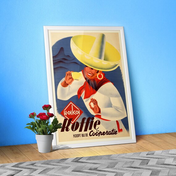 Vintage Dutch Coffee Poster — Holland 1950s kitchen wall art, retro café print, European coffee decor, mid-century poster