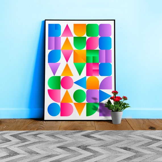 Synthwave Bauhaus Rainbow poster #2 (pink-blue-yellow) — abstract poster, retrowave print, vaporwave geometric art, 1980s print, 1930s decor