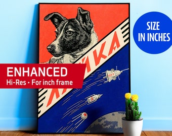 Laika, first space dog, USSR 1950s — Soviet retro space art poster. Vintage soviet print with some propaganda, gift for retro space fan