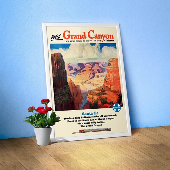 Grand Canyon with Santa Fe Railway, USA 1960s — retro train poster, vintage train art, train print, retro travel wall art