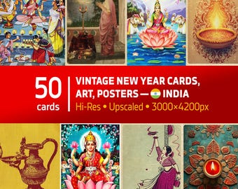 Vintage India New Year Cards ~ Digital Download – 50 Retro Holiday Posters from India | Diwali Deepavali Printable Art Bundle
