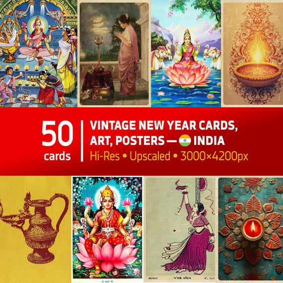 Vintage India New Year Cards ~ Digital Download – 50 Retro Holiday Posters from India | Diwali Deepavali Printable Art Bundle