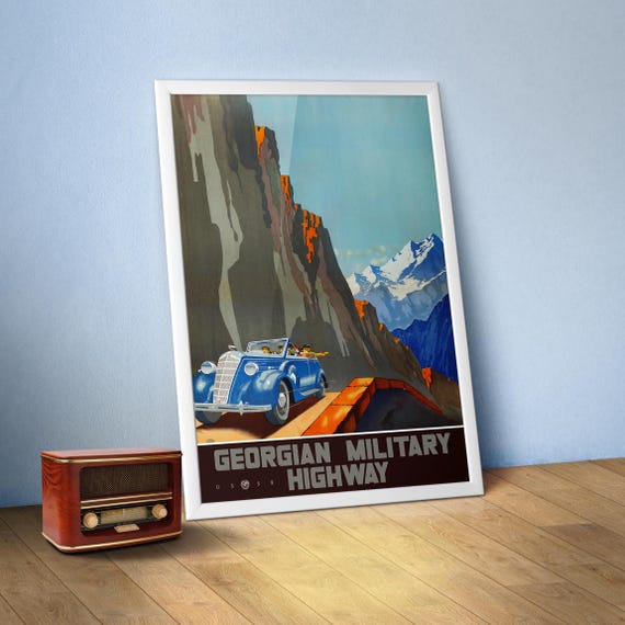 Georgian Military Highway, Georgia, USSR 1939 — Soviet retro travel poster. Vintage travel art, 1930s retro soviet wall decor