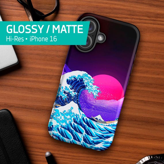 The Great Wave off Kanagawa, Hokusai art, Synthwave Space — Tough Case for iPhone 16/15/14/13 (Glossy/Matte), vaporwave phone art cover