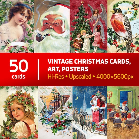 Vintage Christmas cards/art Digital Download Bundle – 50 Retro Holiday Cards, Hi-Res Xmas Posters & Art Prints for 2026 Crafts