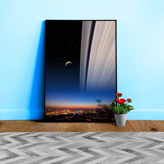 Saturn's rings above the horizon: Surreal Landscape print – Space poster. Galaxy Decor, Futuristic Night City Wall Art, Cosmic Surrealism