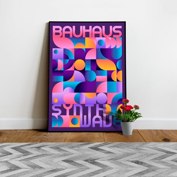Synthwave Bauhaus Neon poster #2 (dark purple-pink) — abstract poster, retrowave print, vaporwave geometric art, 1980s print, 1930s decor