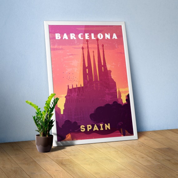 Barcelona, Spain: Sagrada Familia poster — Retro travel poster, Minimalist travel art print, Travel wall decor 1960s and vector art