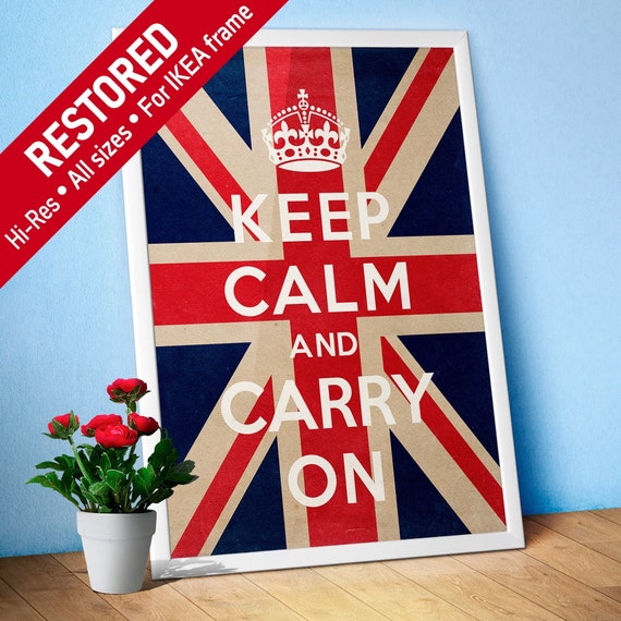 Keep Calm and Carry On with UK flag, 1939 — vintage poster, retro print, propaganda poster, quote wall art, inspirational print