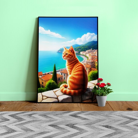 Mediterranean Orange Cat poster – Italy Coast Art Print / Ginger Cat Painting, Seaside Decor, Coastal Summer Poster, Travel Wall Art