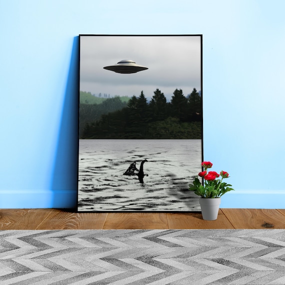 Real UFO poster with real Sasquatch riding on real Loch Ness Monster — X-Files Inspired cryptid conspiracy wall art, funny wall decor :)