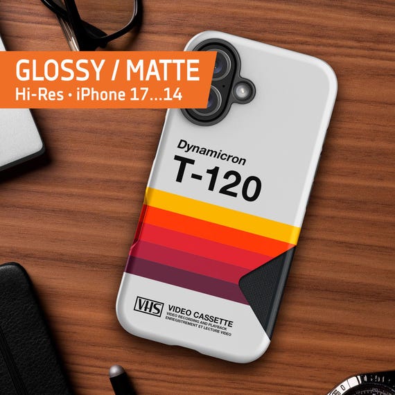 VHS cassette phone case • T-120 — Tough Case for iPhone 17/16/15/14/13 (Glossy/Matte), iPhone retrowave case, 1980s retro case